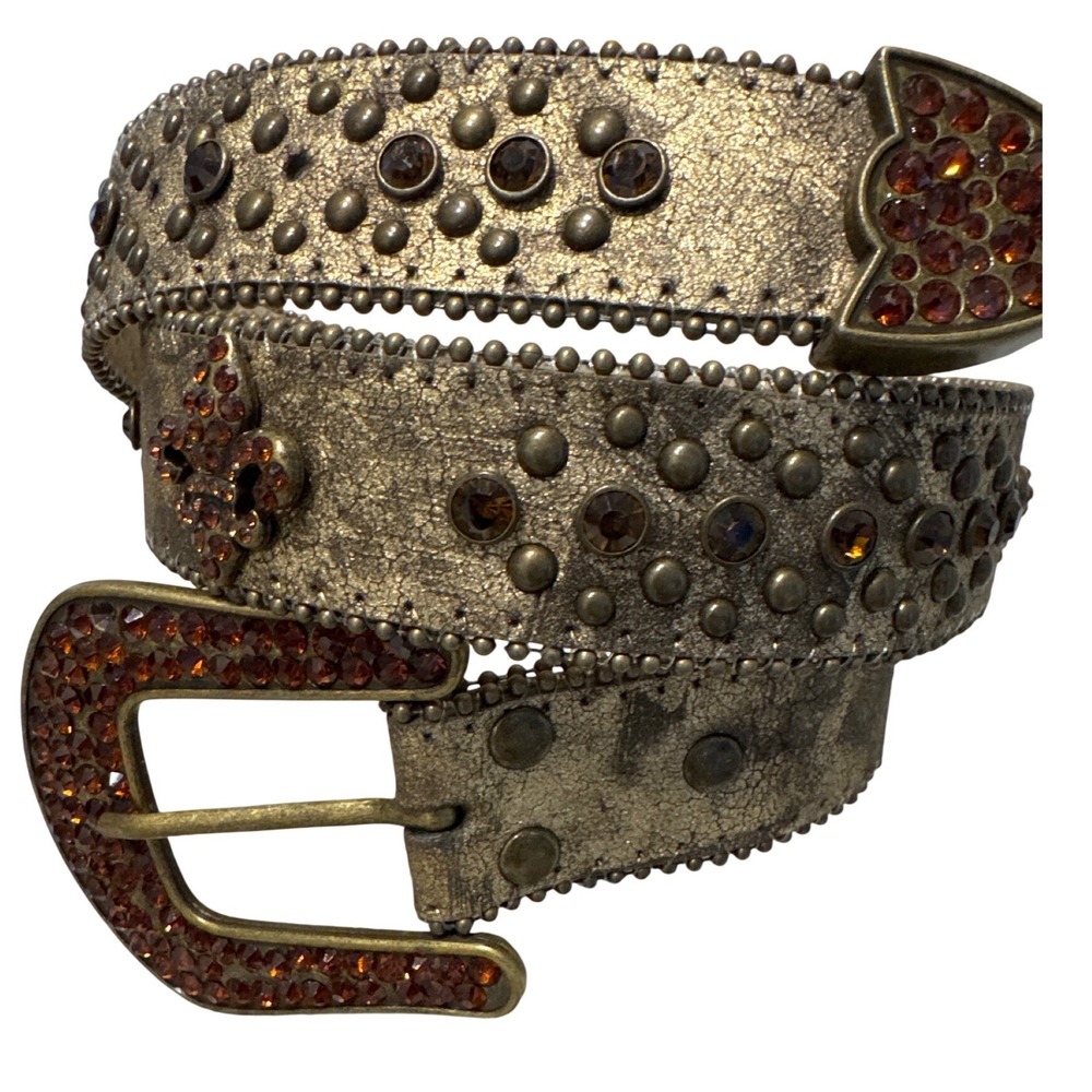 Women's Gold tone leather belt metal‎ studs Copper rhinestones Western boho NWOT